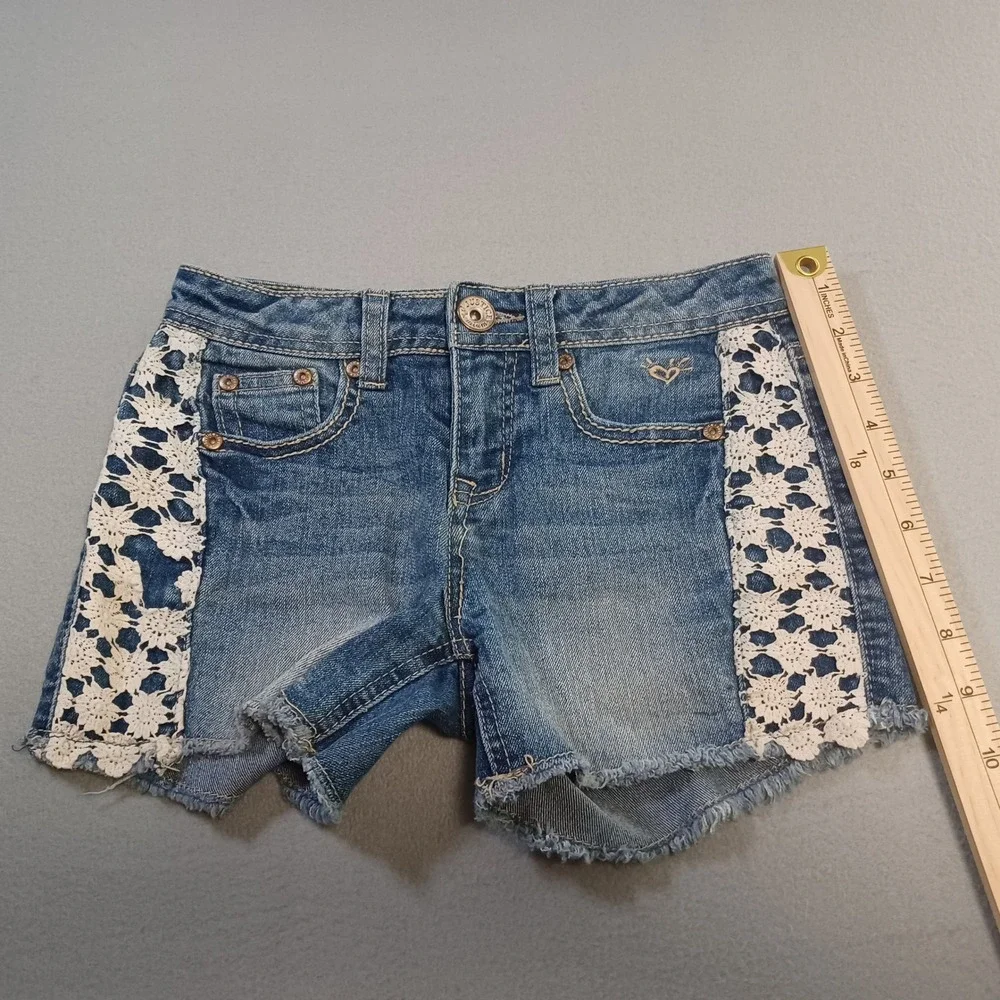 Justice Premium Girls‎ Denim Shorts Size 12S Blue Crochet Lace Side Frayed Hem